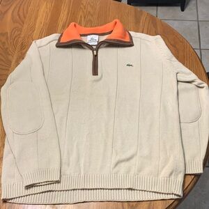 Lacoste Men's Large Beige Sweater with Orange and Brown Accents